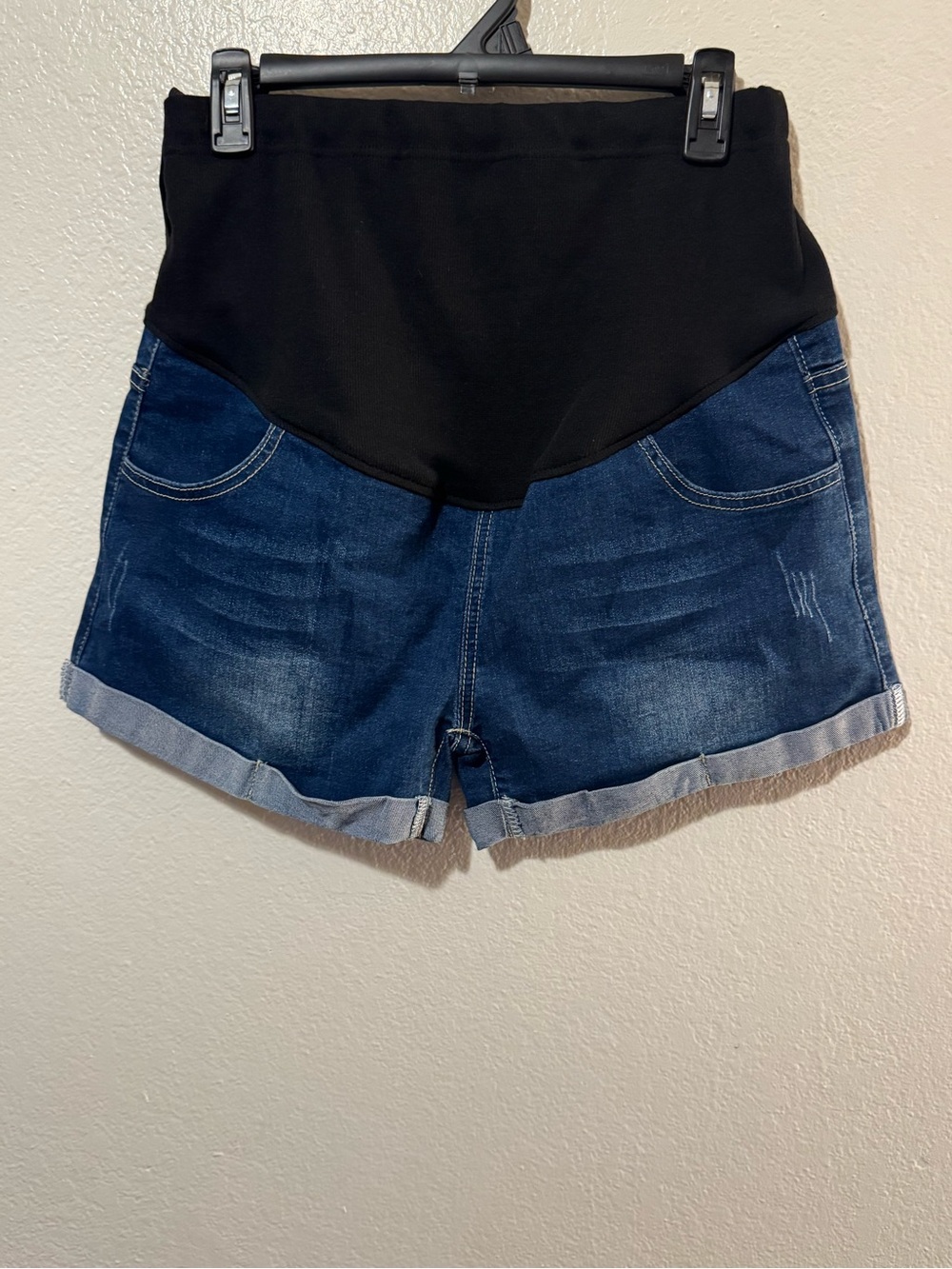 PatPat Dark Blue Denim Maternity Shorts with Black Support Panel